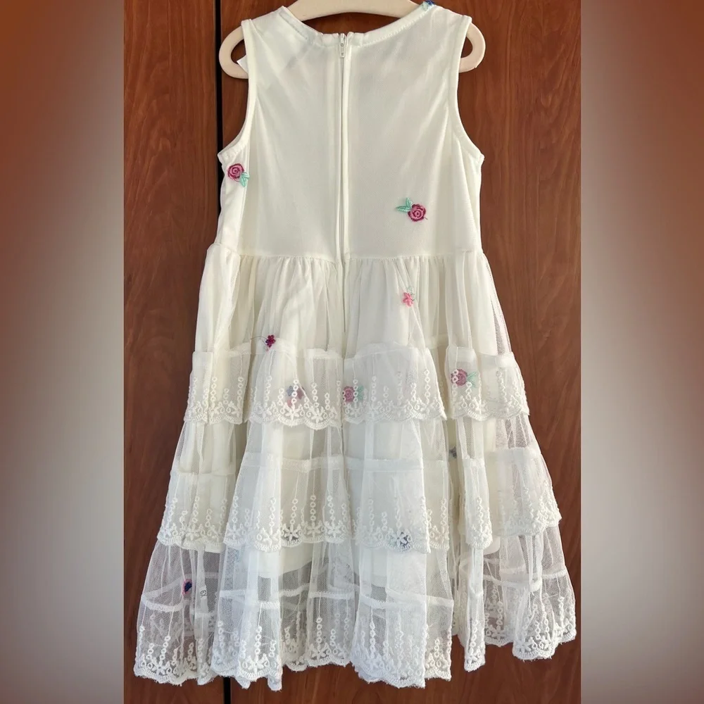 Rare Editions - Mesh Floral Embroidered dress w/lace trim and denim vest 2pc